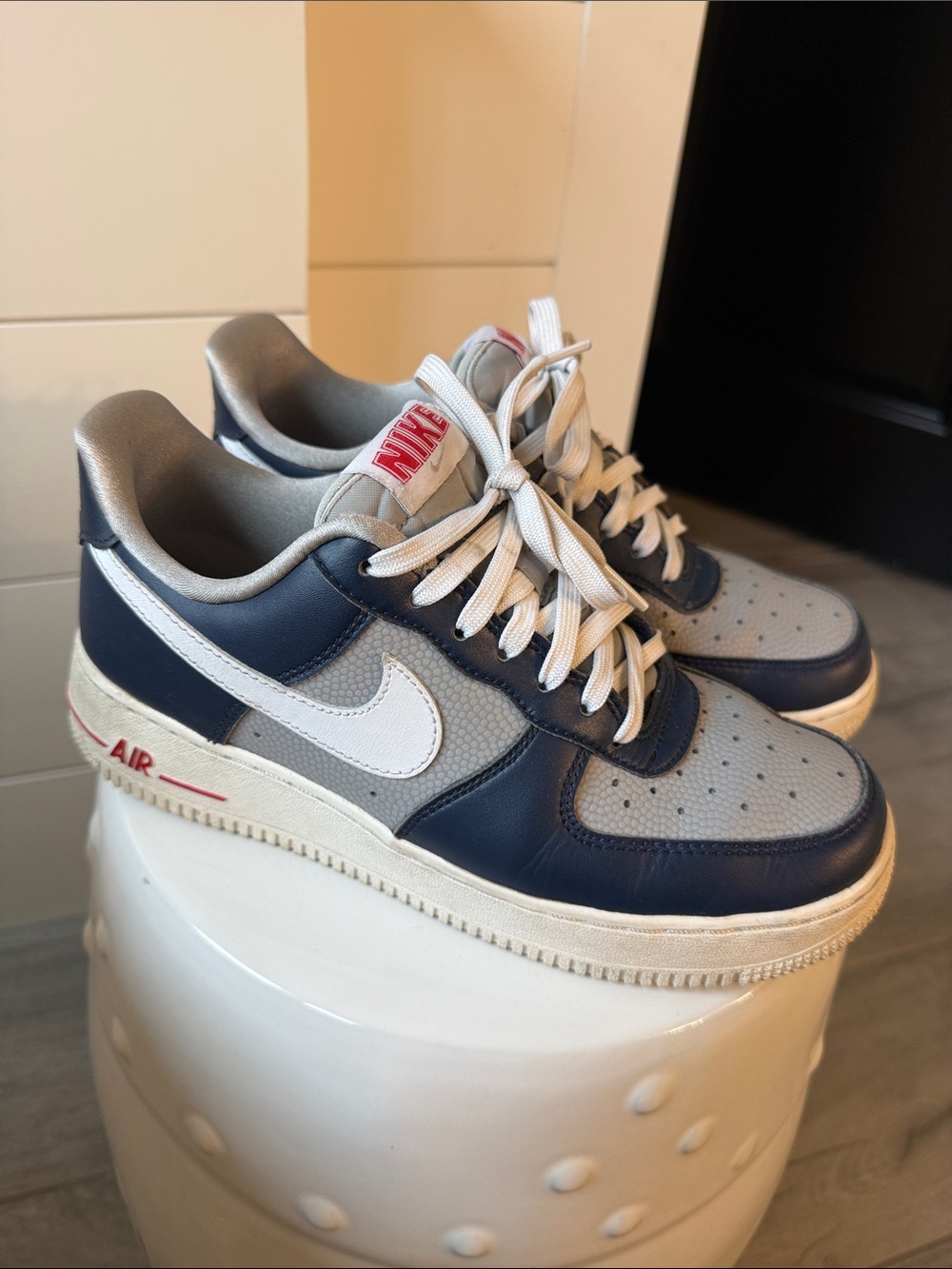 Nike Women’s Low-Top Athletic Sneakers in Navy, Gray and White with Red Accents